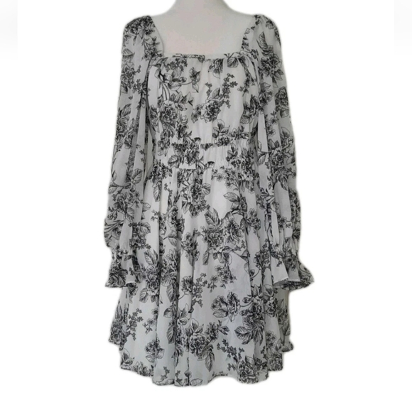 Rachel Parcell French Toile White and Black Floral Chiffon Ruffle Dress Size 6/8 - Picture 6 of 11